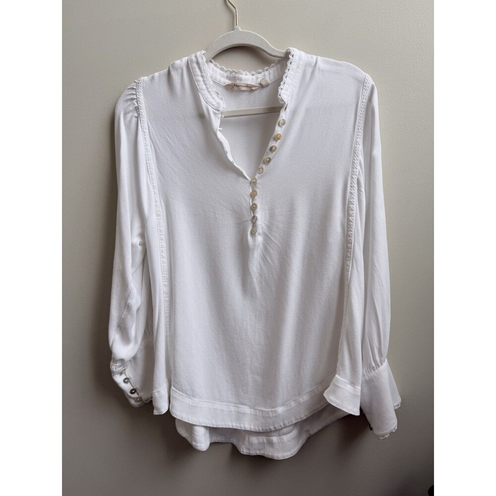 Soft Surroundings Womens Prairie Shell Button Popover White Blouse Size L